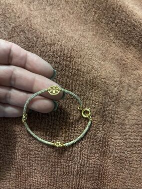 Tory Burch Gold and Crystal T Logo Charm Bracelet